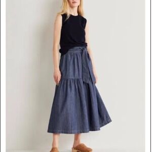 Boden Skirt Womens 4R Blue Belted Tiered Midi Side Zip Lightweight Denim Cotton